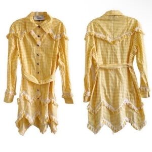 Victoria Tomas Long Sleeve Belted Gingham Fringe Dress